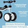 Close-up of a blue Puky PUKYLINO balance bike with text overlays describing its features. Náhled obrázku produktu