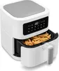 A white air fryer with a gray lid and a digital display showing '180', filled with french fries. Produktbild-Vorschau
