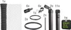 A collection of fence components and accessories, including a roll of mesh wire, various connectors, poles, and a warning sign. Produktbild-Vorschau
