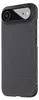 A black carbon fiber textured phone case with a camera cutout is shown from a side angle. Produktbild-Vorschau