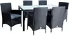 A black poly-rattan dining set with a glass tabletop and gray cushions, set against a white background. Produktbild-Vorschau