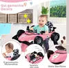 A baby is sitting in a pink toy car, with close-up shots highlighting product features. Náhled obrázku produktu