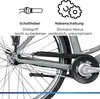 Close-up of a bicycle's rear wheel and drivetrain, with diagrams and text highlighting features. Produktbild-Vorschau