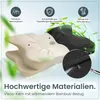A split view of an orthopedic pillow, showing its memory foam core and bamboo cover, with descriptive text and icons highlighting its features. Produktbild-Vorschau