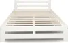 A white wooden bed frame with a slatted base, shown from the front. Produktbild-Vorschau