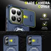 A close-up of a blue phone case with a sliding camera cover and a ring stand, with marketing text and icons. Voir les images du produit