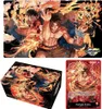 A collage of One Piece trading card game merchandise featuring characters Ace, Sabo, and Luffy surrounded by flames. Podgląd zdjęcia produktu