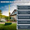 A broom is shown in a garden setting, with text highlighting its features. Produktbild-Vorschau