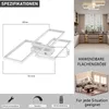 A diagram showing the dimensions of a ceiling light fixture, a lifestyle image of a modern kitchen with the light fixture installed, and icons indicating features like easy installation, dimming, and remote control. Produktbild-Vorschau