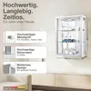 A white wall-mounted display cabinet with glass shelves and doors, showcasing decorative items. Text overlays describe product features and dimensions. Produktbild-Vorschau
