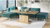 A modern living room scene featuring a teal sectional sofa and a wooden lift-top coffee table. Produktbild-Vorschau