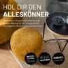 A yellow corduroy pouf is shown next to a black side table with blueberries in a bowl. Náhled obrázku produktu