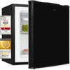 A black mini-refrigerator with its door slightly ajar, revealing the interior and some contents. Several award badges are visible on the left side of the refrigerator. Produktbild-Vorschau