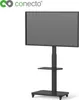 A black TV stand with a flat-screen TV mounted on it, shown against a white background. Produktbild-Vorschau