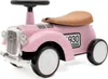 A pink ride-on toy car with a brown seat and black steering wheel, set against a white background. Produktbild-Vorschau