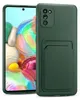 A dark green phone case with a card slot is shown on a white background, with a smartphone partially visible on the left. Produktbild-Vorschau