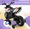 A white and black electric motorcycle for children, shown from a rear-side angle, with marketing text overlays. Náhľad obrázku produktu