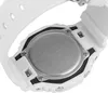 Close-up view of the back of a white Casio G-Shock watch, showing the metal case back with screws and the white strap. Voir les images du produit
