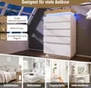 A collage of images showcasing a white dresser with LED lighting and different room settings where it can be used. Náhled obrázku produktu