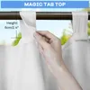 A hand is shown attaching a white curtain with tab tops to a curtain rod, with a blue banner at the top indicating 'MAGIC TAB TOP'. Produktbild-Vorschau