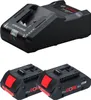A black battery charger and two black and red batteries are shown against a white background. Produktbild-Vorschau