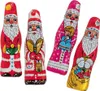 Four foil-wrapped chocolate Santa figures are arranged diagonally against a white background. Náhled obrázku produktu