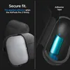A split image showing a protective case for AirPods Pro 2, with one side showing the AirPods Pro 2 inside the case and the other side showing a close-up of the adhesive tape used to secure the AirPods Pro 2. Produktbild-Vorschau