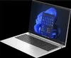 A silver HP EliteBook laptop with a black keyboard and screen displaying the Windows 11 interface, set against a black background. Produktbild-Vorschau