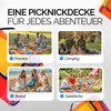 A collage of four lifestyle images showing a picnic blanket being used in different settings: a family picnic, camping, a beach outing, and as a play mat for children. The product title is overlaid at the top. Produktbild-Vorschau