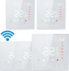 A collage of digital thermostats with LCD screens displaying temperature and icons. Produktbild-Vorschau