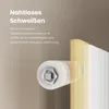 Close-up of a radiator connection with text explaining seamless welding technology. Produktbild-Vorschau