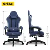 Front and side views of a blue gaming chair with dimensions indicated. Podgląd zdjęcia produktu