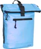 A light blue rolltop backpack with black accents and zippers, shown against a white background.