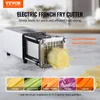 A VEVOR electric french fry cutter is shown with a potato being sliced. Several vegetables are displayed in small inset images at the bottom. Produktbild-Vorschau