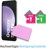 A Samsung Galaxy S23 FE phone with screen protector cleaning wipes and a microfiber cloth. Produktbild-Vorschau
