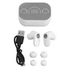 A white charging case for wireless earbuds is shown at the top, with a digital display showing '188'. Below the case are two white wireless earbuds, a black USB-C charging cable, and four white ear tips. Voir les images du produit