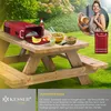 A picnic scene with a red cooler bag on a wooden picnic table. Produktbild-Vorschau