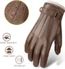 A close-up of a brown leather glove with informational icons and text on the left. Produktbild-Vorschau