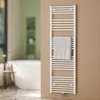A white towel radiator with a towel hanging on it, in a bathroom setting. Produktbild-Vorschau