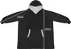 A black oversized hoodie with white trim and a front pocket, shown flat with measurements indicated. Náhled obrázku produktu