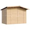 A wooden garden shed with double doors and a sloped roof, presented on a white background. Náhľad obrázku produktu