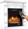 A hand is holding a remote control to an electric fireplace with a realistic flame effect. Produktbild-Vorschau