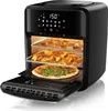 A black air fryer oven with its door open, showing food being cooked on three racks. The top rack has small pieces of food, the middle rack has potato wedges, and the bottom rack has a pizza. The digital display on the top shows '150'. Produktbild-Vorschau