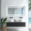 A modern bathroom vanity with a large LED mirror, two sinks, and a view of the ocean through a window. Podgląd zdjęcia produktu