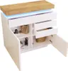 A white high-gloss sideboard with a wooden top and blue LED lighting. Podgląd zdjęcia produktu