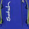 A close-up view of a blue backpack with white lettering. Náhled obrázku produktu