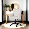 A white corduroy office chair is placed on a round rug in front of a wooden desk with a white drawer and a round mirror above it. Náhľad obrázku produktu