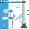 A shower chair with adjustable height, shown with a close-up of the height adjustment mechanism and text highlighting features. Náhled obrázku produktu
