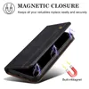 A black leather wallet-style phone case is shown open, with a stylized depiction of magnetic forces emanating from the closure. A small graphic of a horseshoe magnet is also present. Produktbild-Vorschau