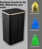 A black laundry hamper is shown next to images of different colored trash bags. Náhľad obrázku produktu